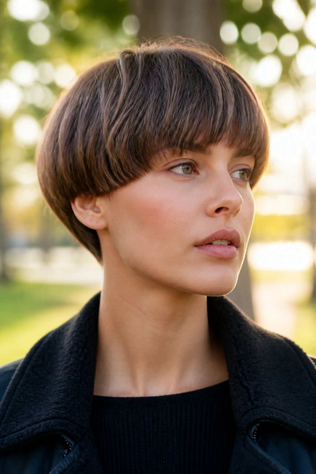 Close-up portrait of a real person with rounded bowl cut and textured edges