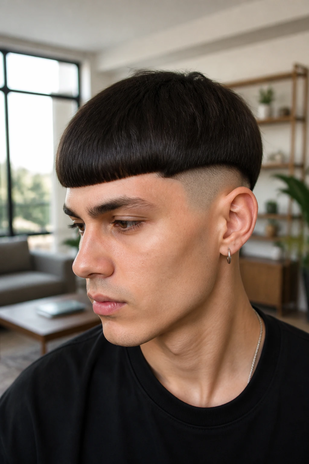 Close-up of a real person with a bowl cut undercut and shaved underneath