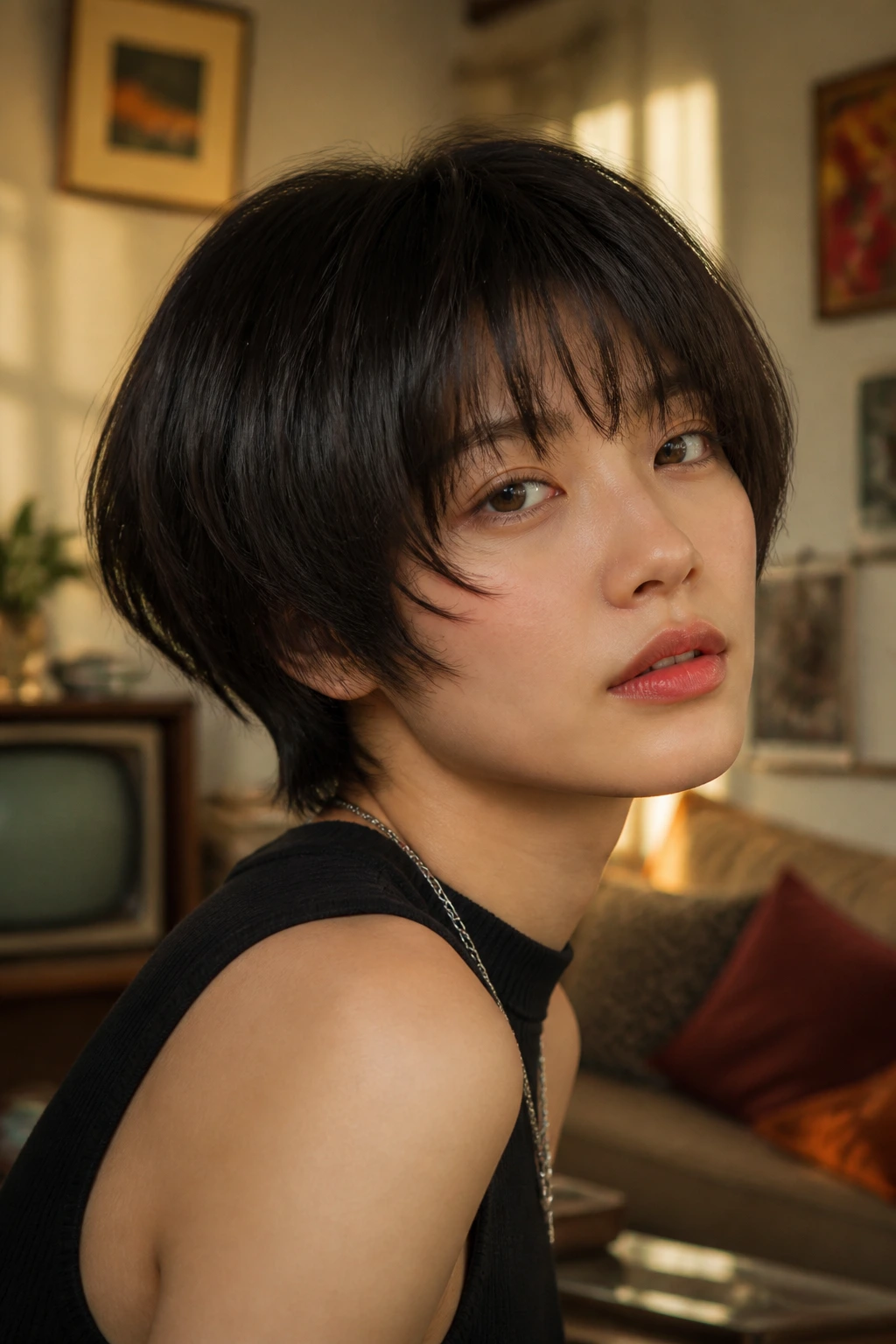 Close-up of a person with a bowl cut and wispy fringe hairstyle