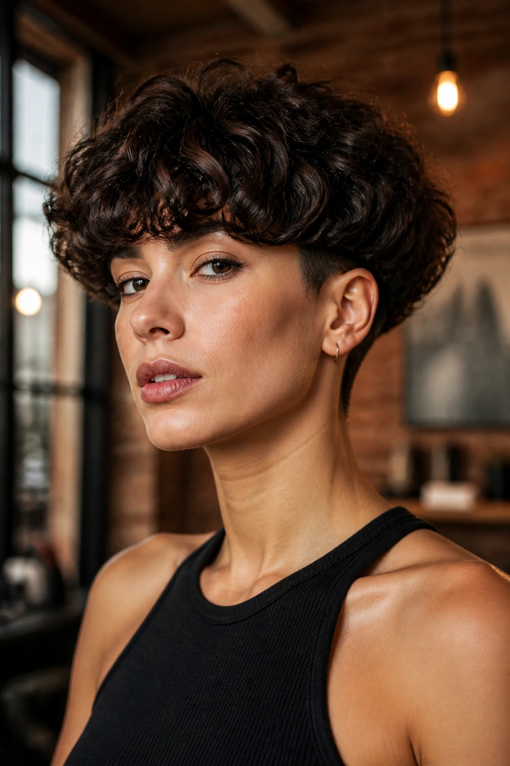 Real woman with bold bowl inverted hybrid haircut in an urban loft setting