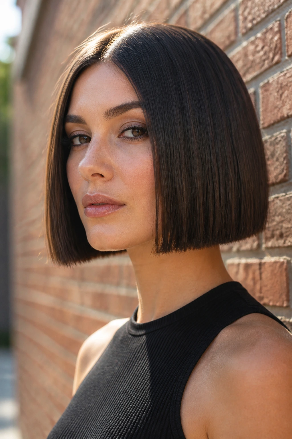 Close-up portrait of a real woman with a sharp, blunt box bob in front of a brick wall.
