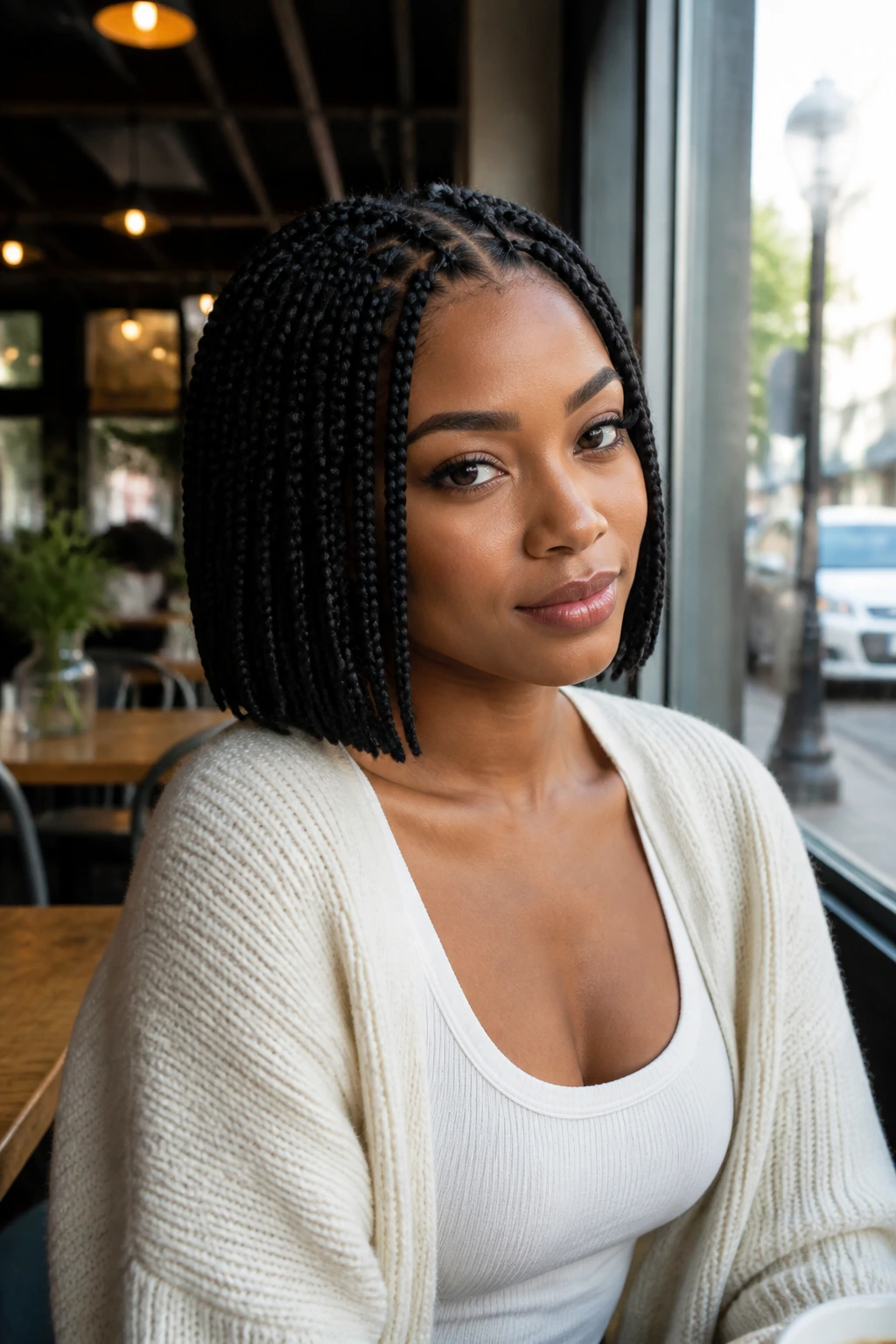 Box braid bob on a real woman in cafe setting