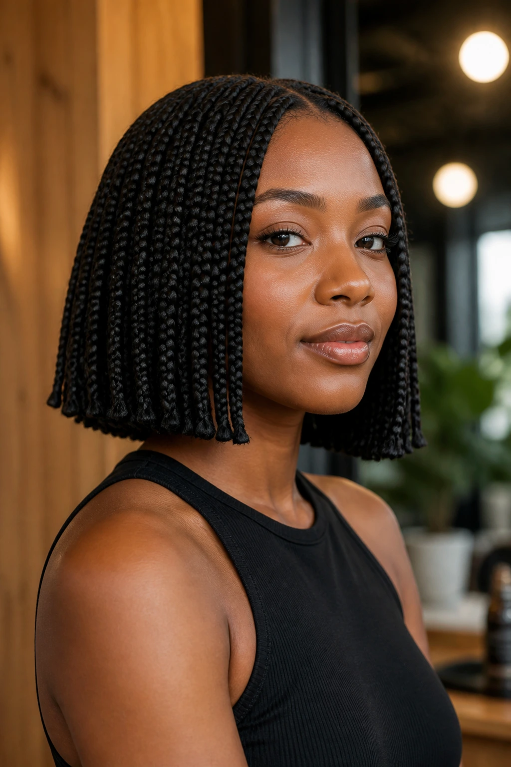 Close-up of a real woman with blunt-cut box braids at chin length in a warm salon setting