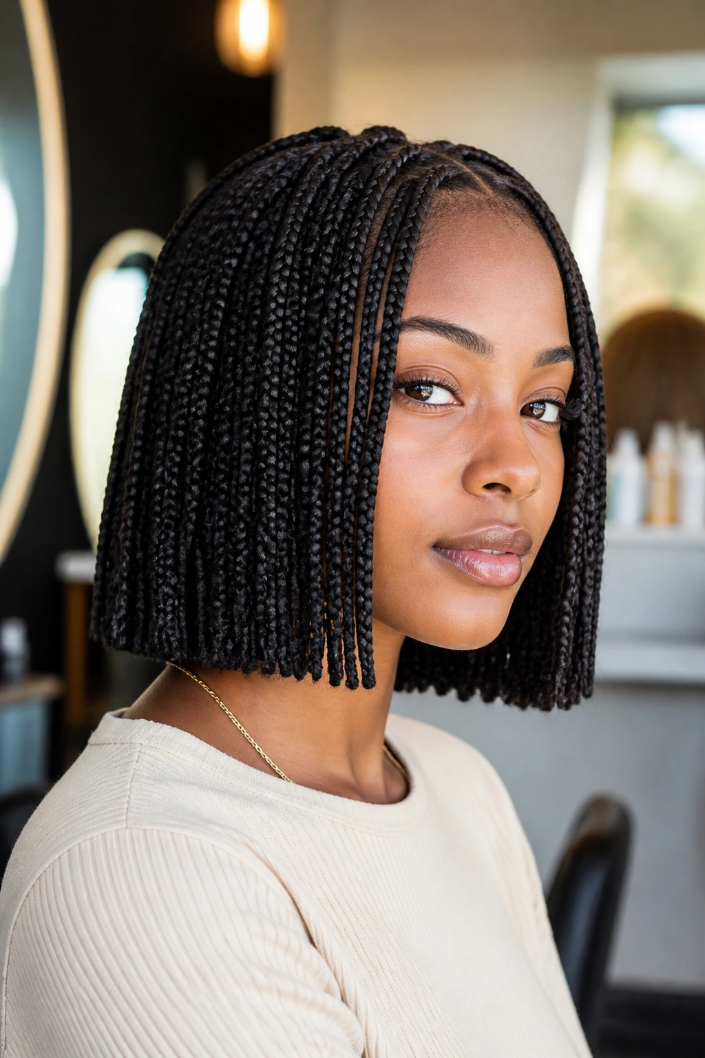 Real person with chin-length box braid bob and blunt ends in natural window light