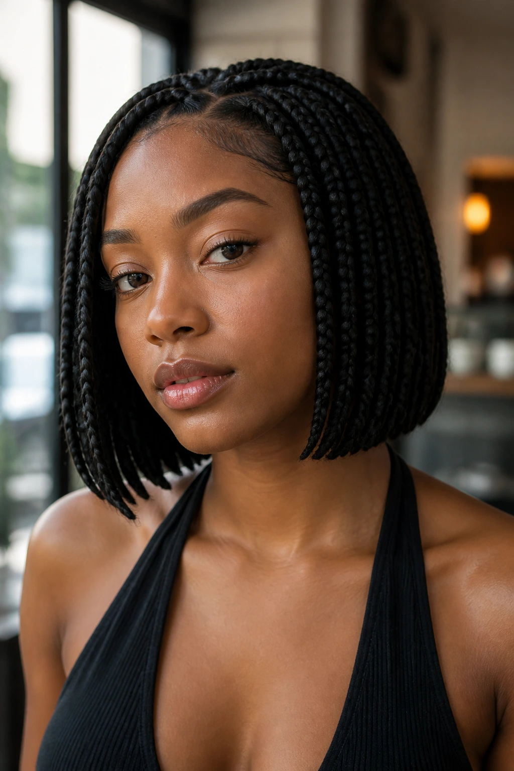 Close-up portrait of a person with a chin-length box braid bob