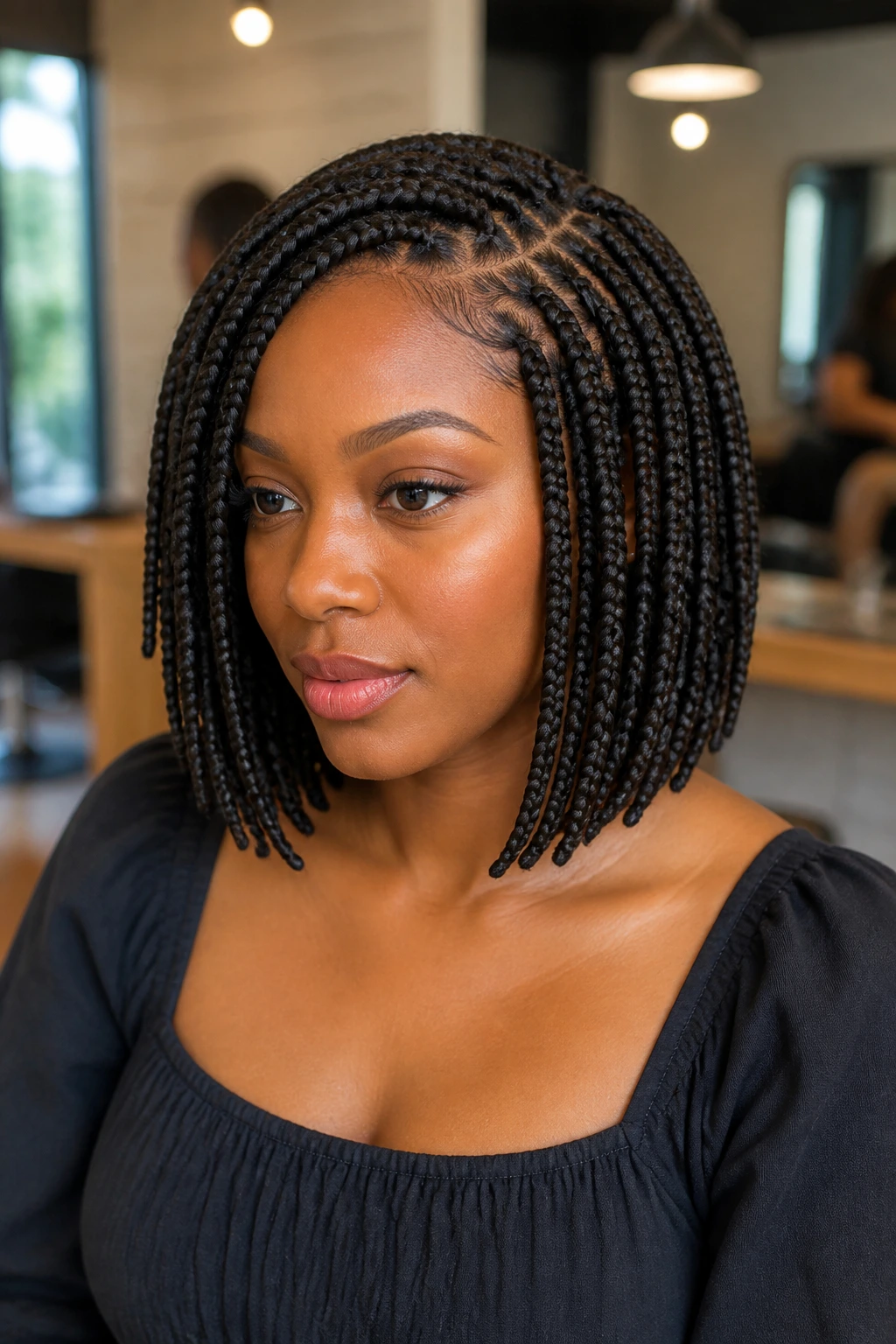 Close-up of a woman with a shoulder-length box braid bob in warm salon light