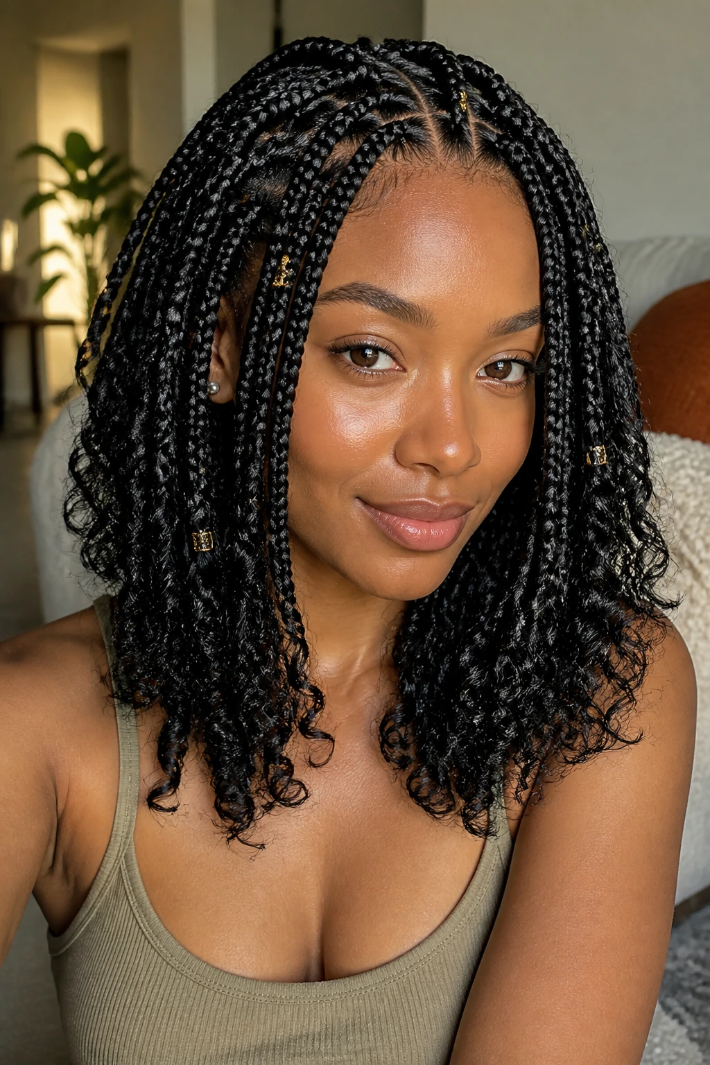 Close-up of a real woman with classic bohemian box braids ending in loose waves, warm window light