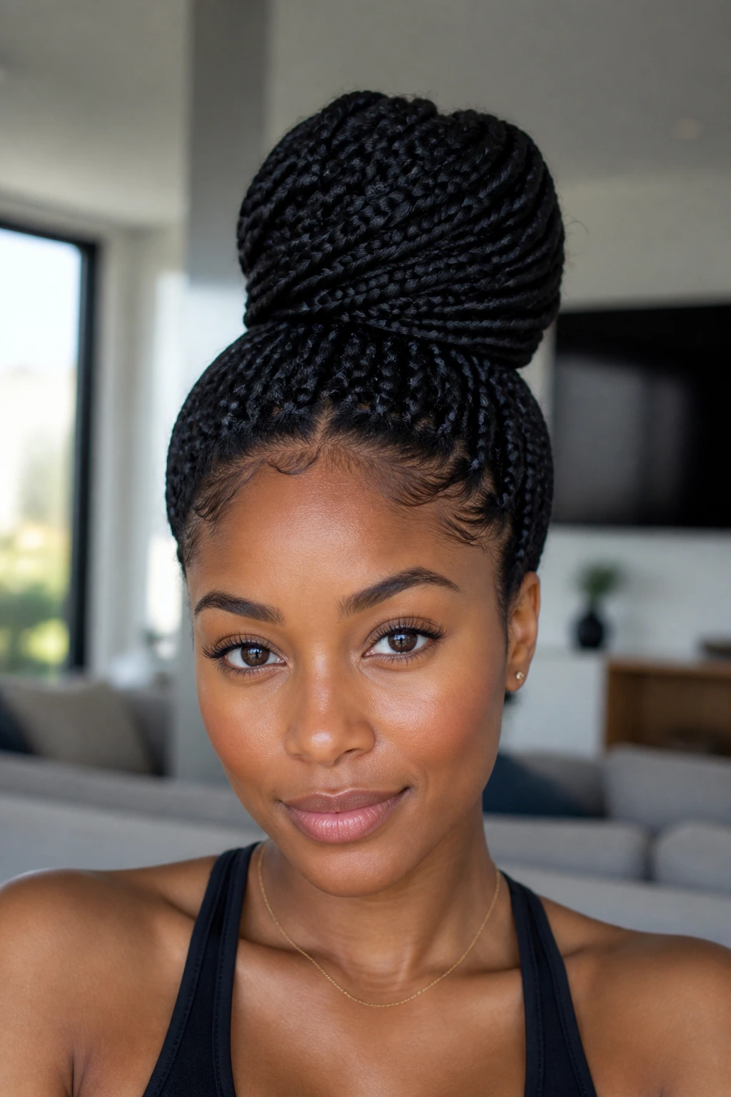 Close-up of a person with a high bun made from box braids