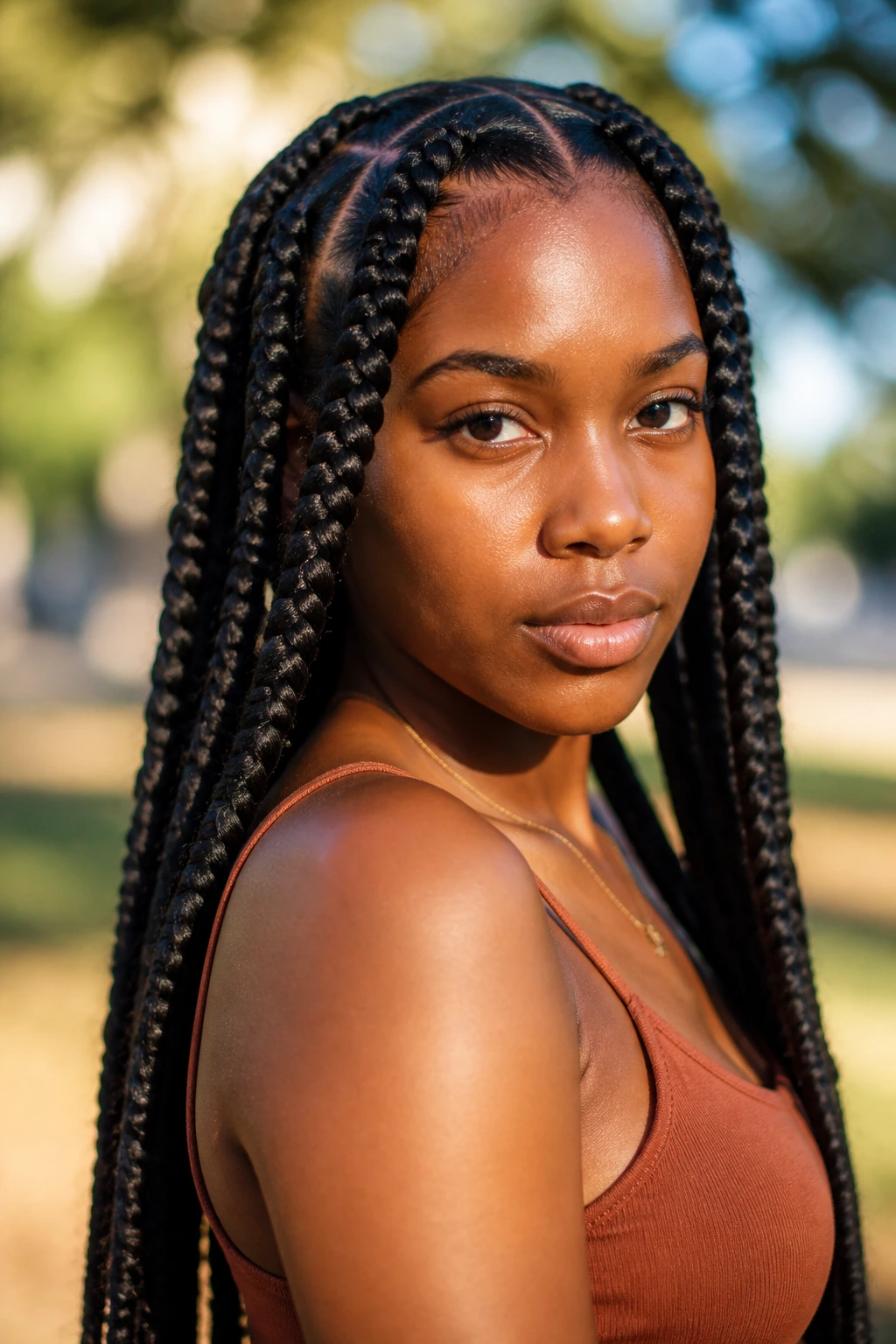 Close-up portrait of woman with chunky box braids outdoors.