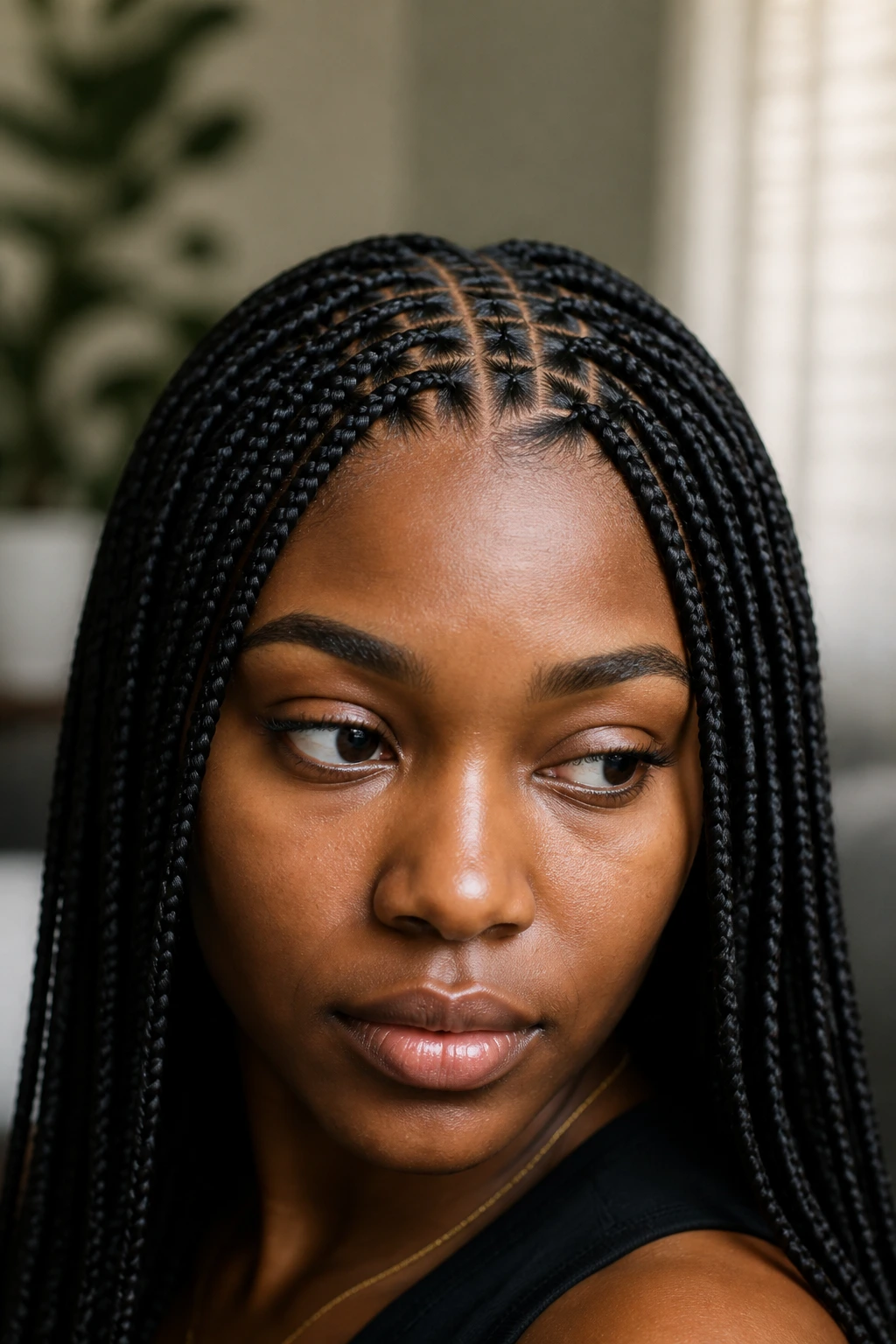 Real woman with uniform box braids filling the frame