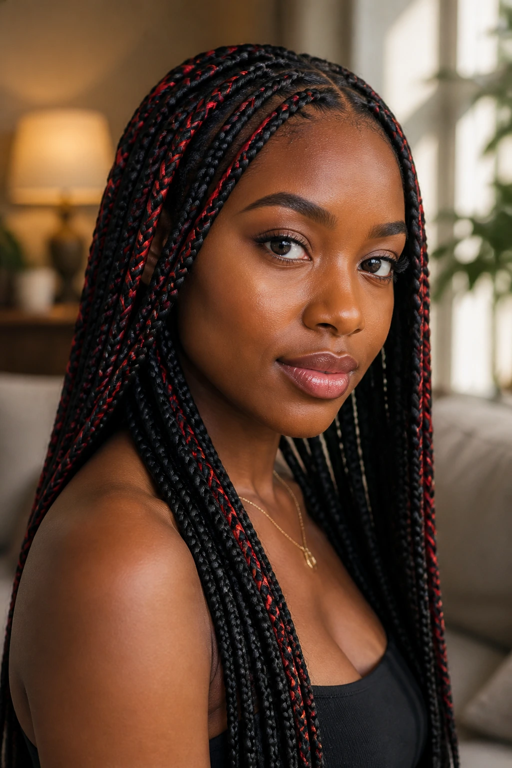 Close-up of a real woman with box braids and crimson silk ribbons.