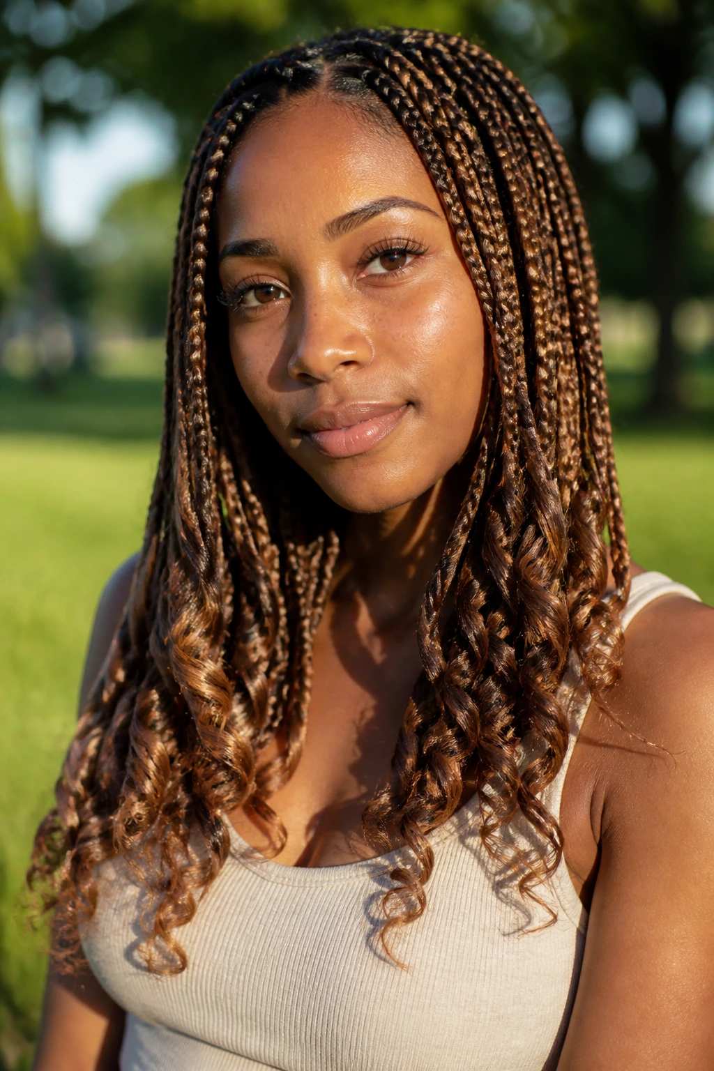 Real woman with curly-end box braids in Boho style outdoors