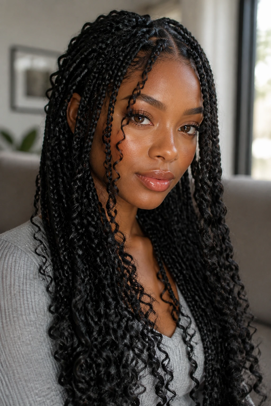 Close-up of a real woman with box braids and curly tendrils in warm window light