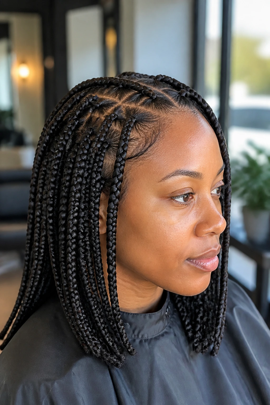 Close-up of a real person wearing Box Braids with Feed-In Roots in natural salon light.