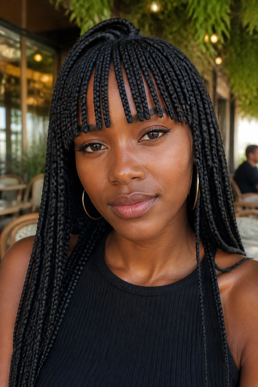 Portrait of a person with braided box fringe in an outdoor cafe setting