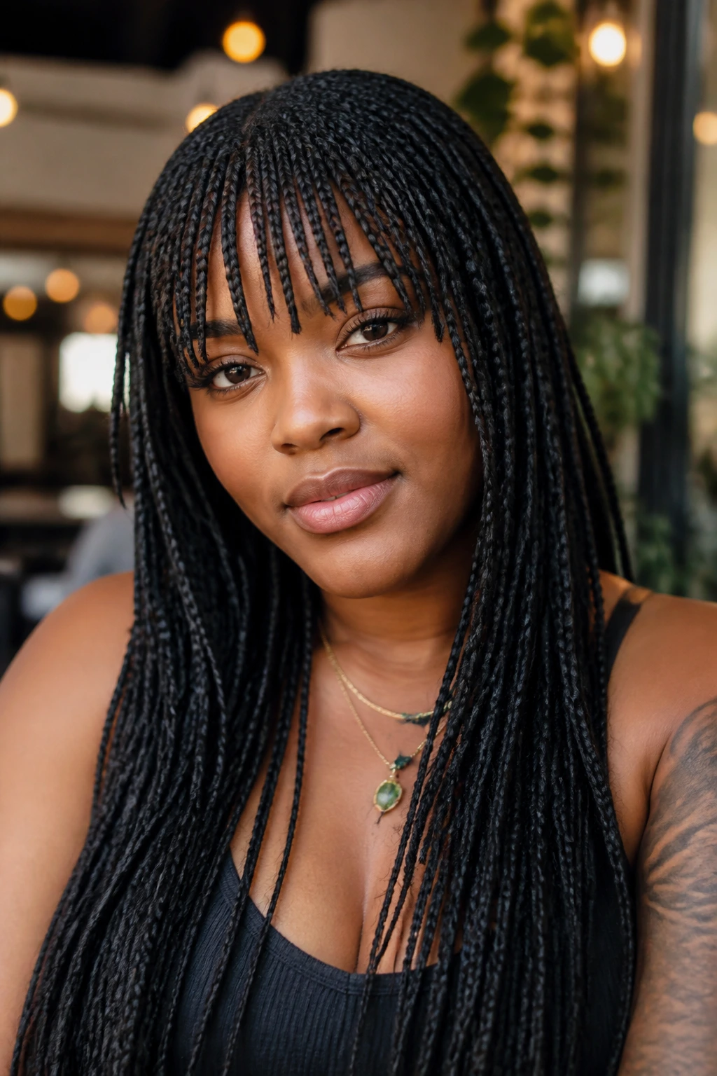 Close-up of a real woman with a front braided fringe formed by box braids