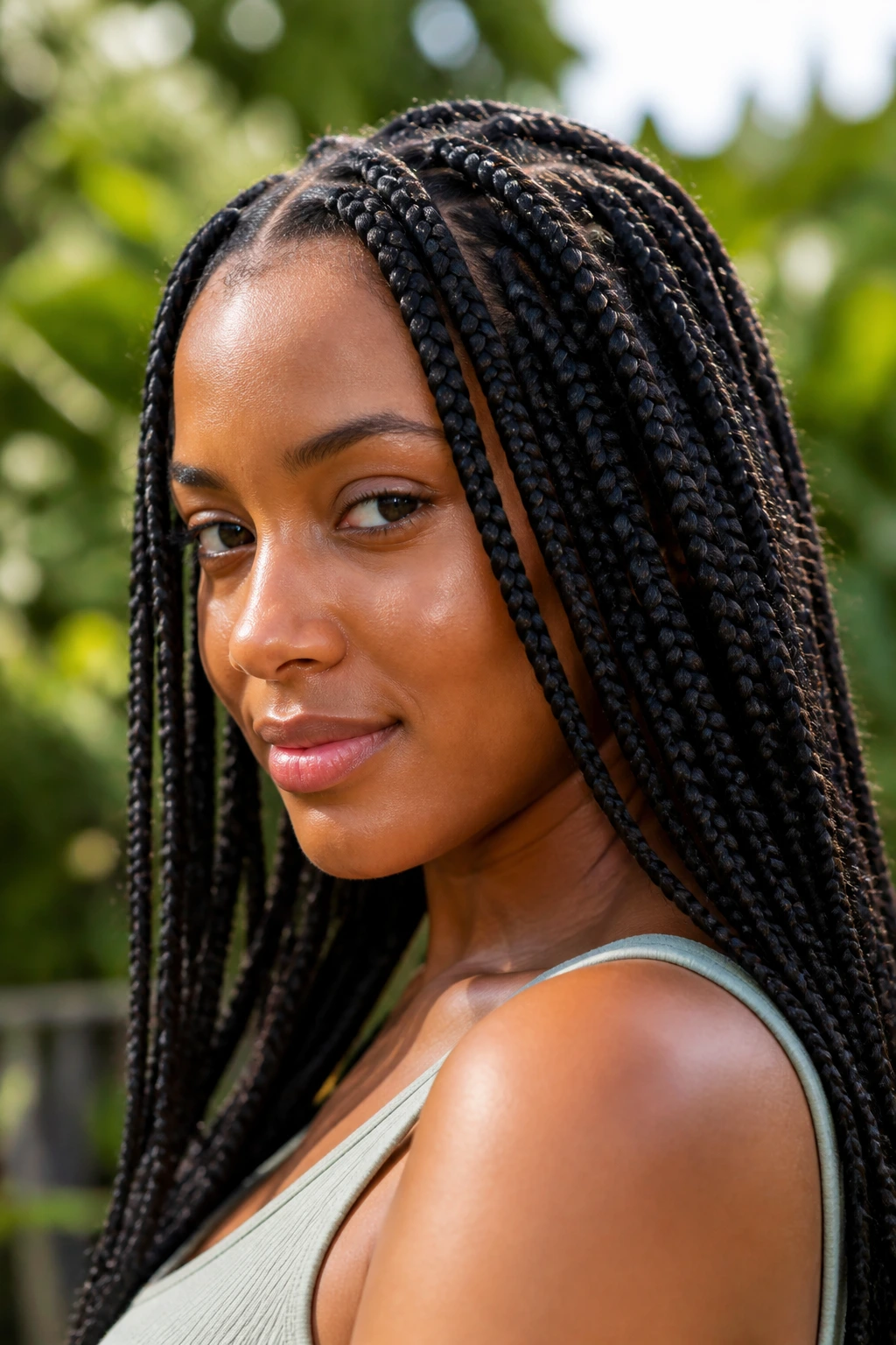Close-up of a person with box braids in a sunlit outdoor setting