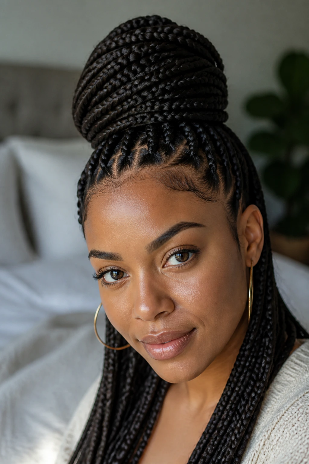 Close-up of a real woman with box braids styled into a high knot in a sunlit bedroom