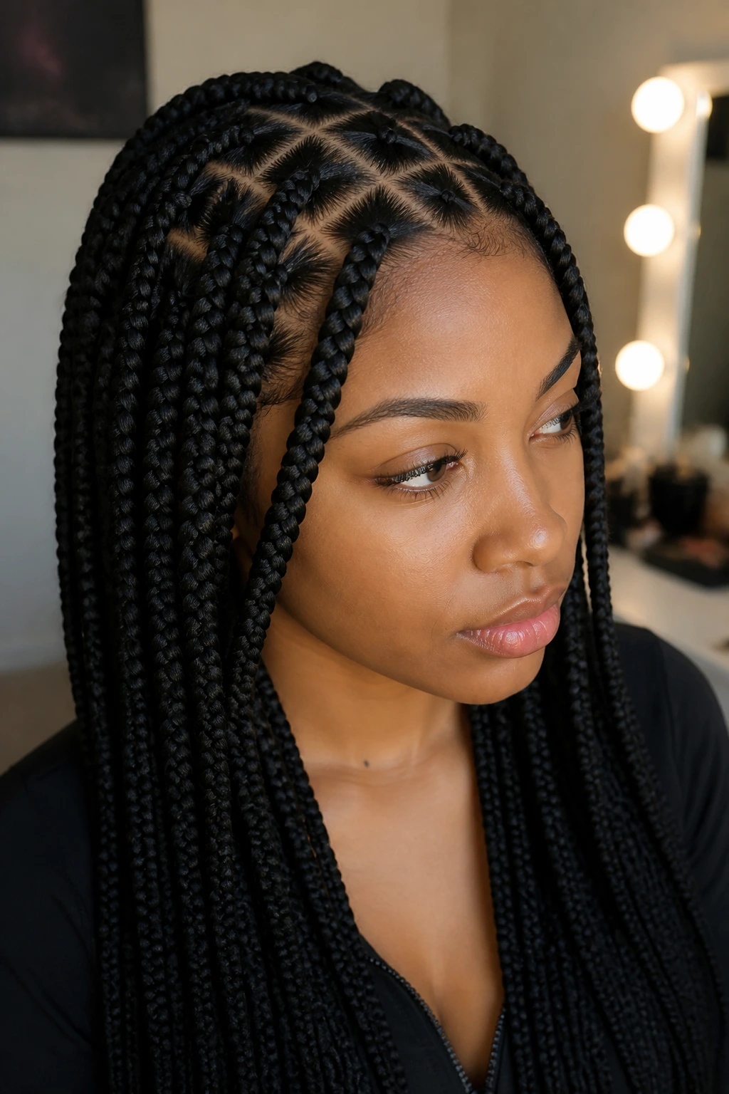 Close-up of a real person wearing a box braided lace wig with a neat grid pattern