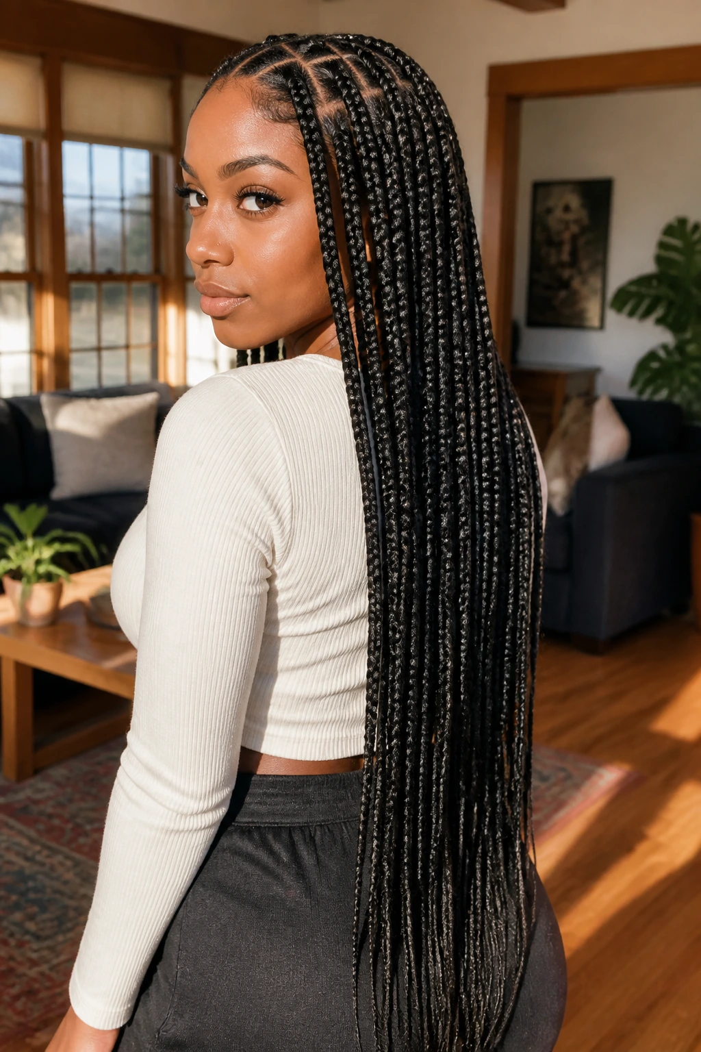 Portrait of a woman with waist-length box braids in a warm living room