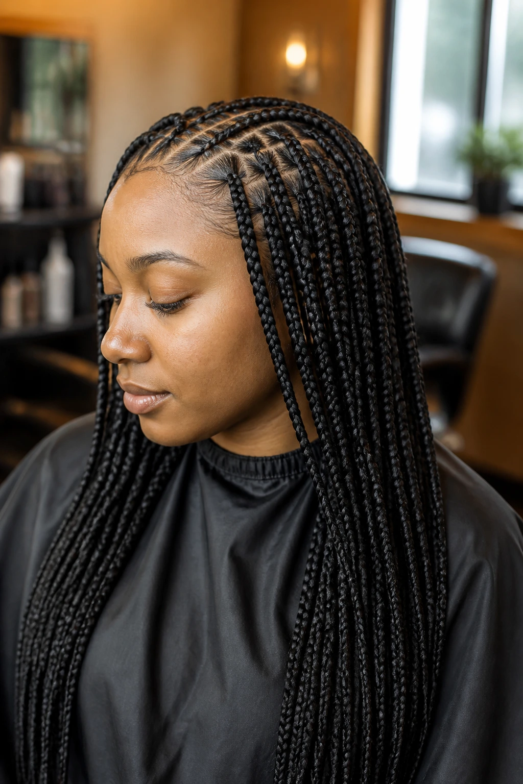 Close-up of a person wearing tight box braids with sealed ends in a warm salon