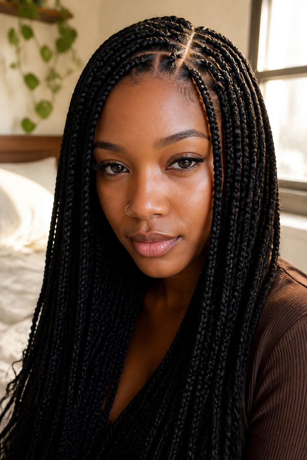 Close-up of a real woman with classic box braids in natural window light