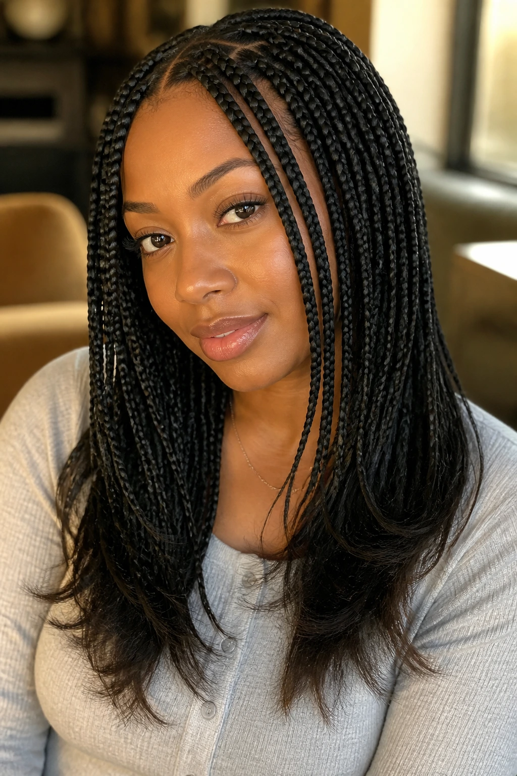 Close-up of a real woman with box braids ending in tapered ends in soft window light.