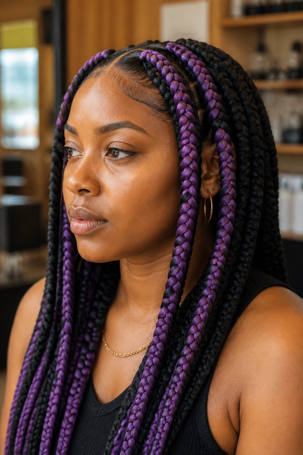 Close-up of jumbo box braids with violet color-blocked extensions on a real person