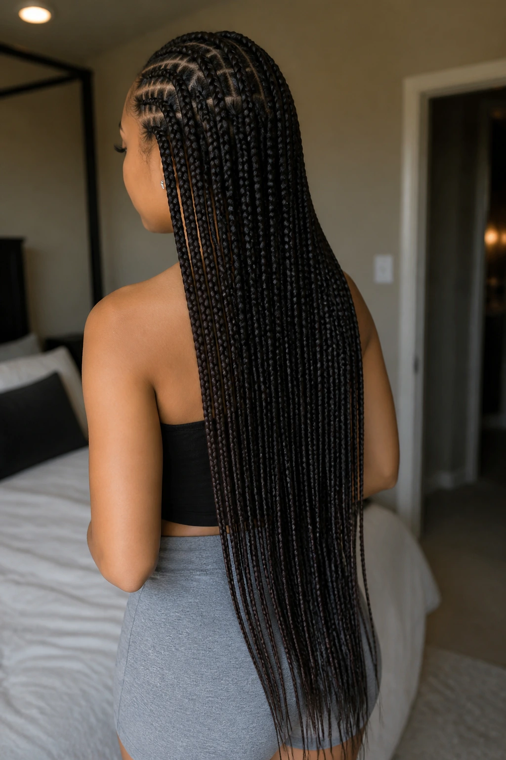 Waist-length box braids on a real woman, back view in softly lit bedroom