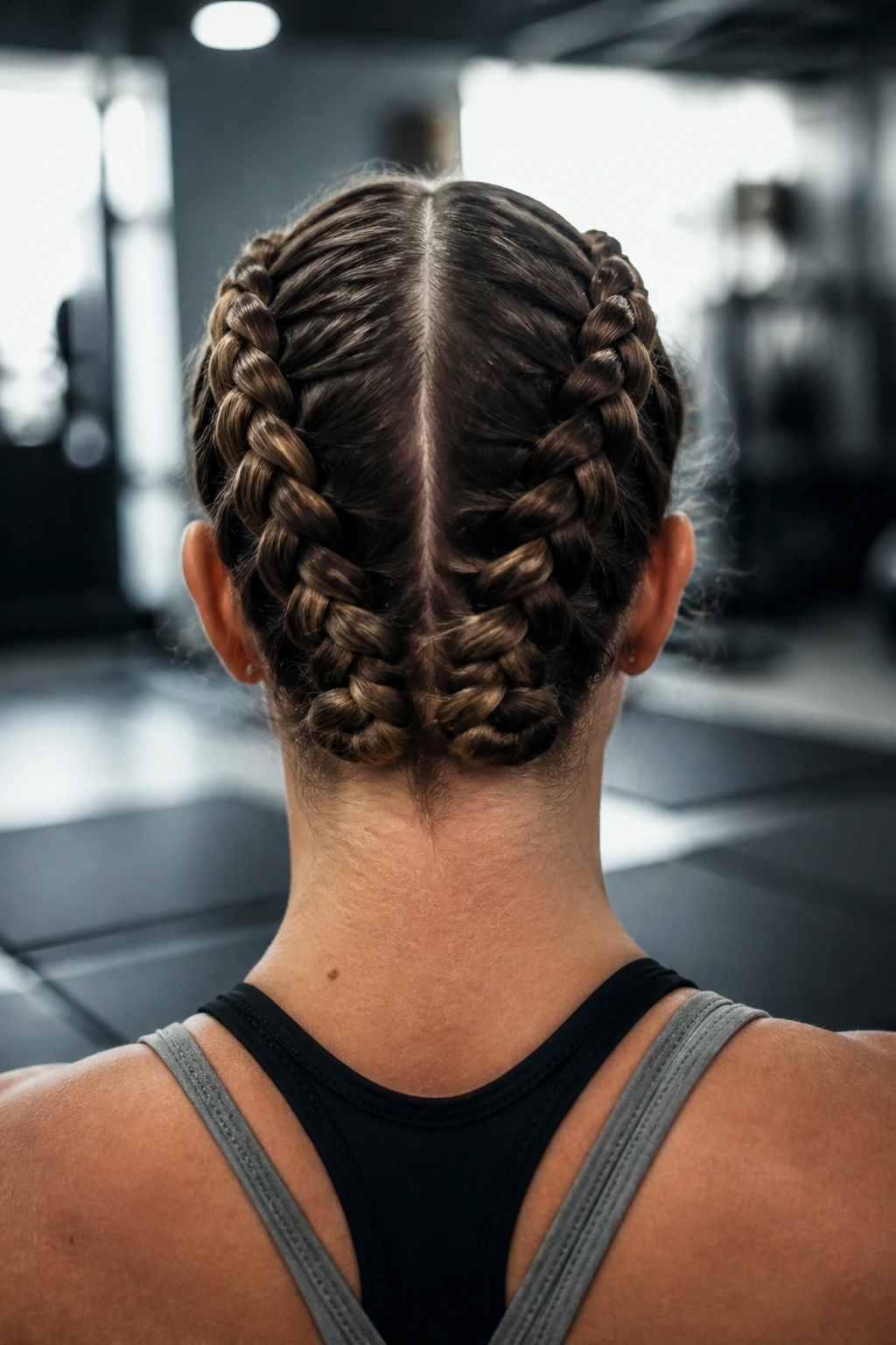 Back view of real person with low boxer braids at the nape