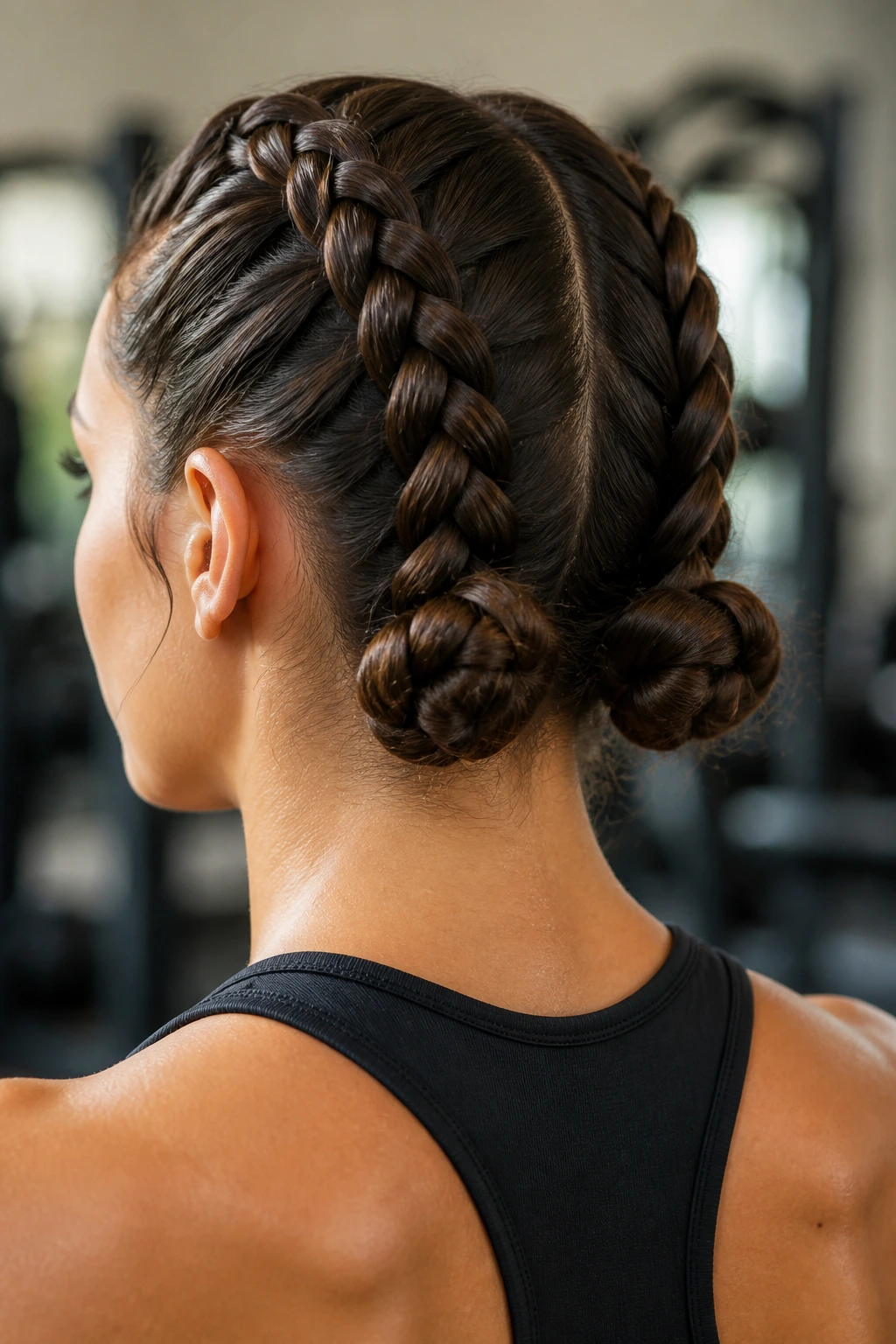 Real person with two Dutch braids formed into buns at the nape.