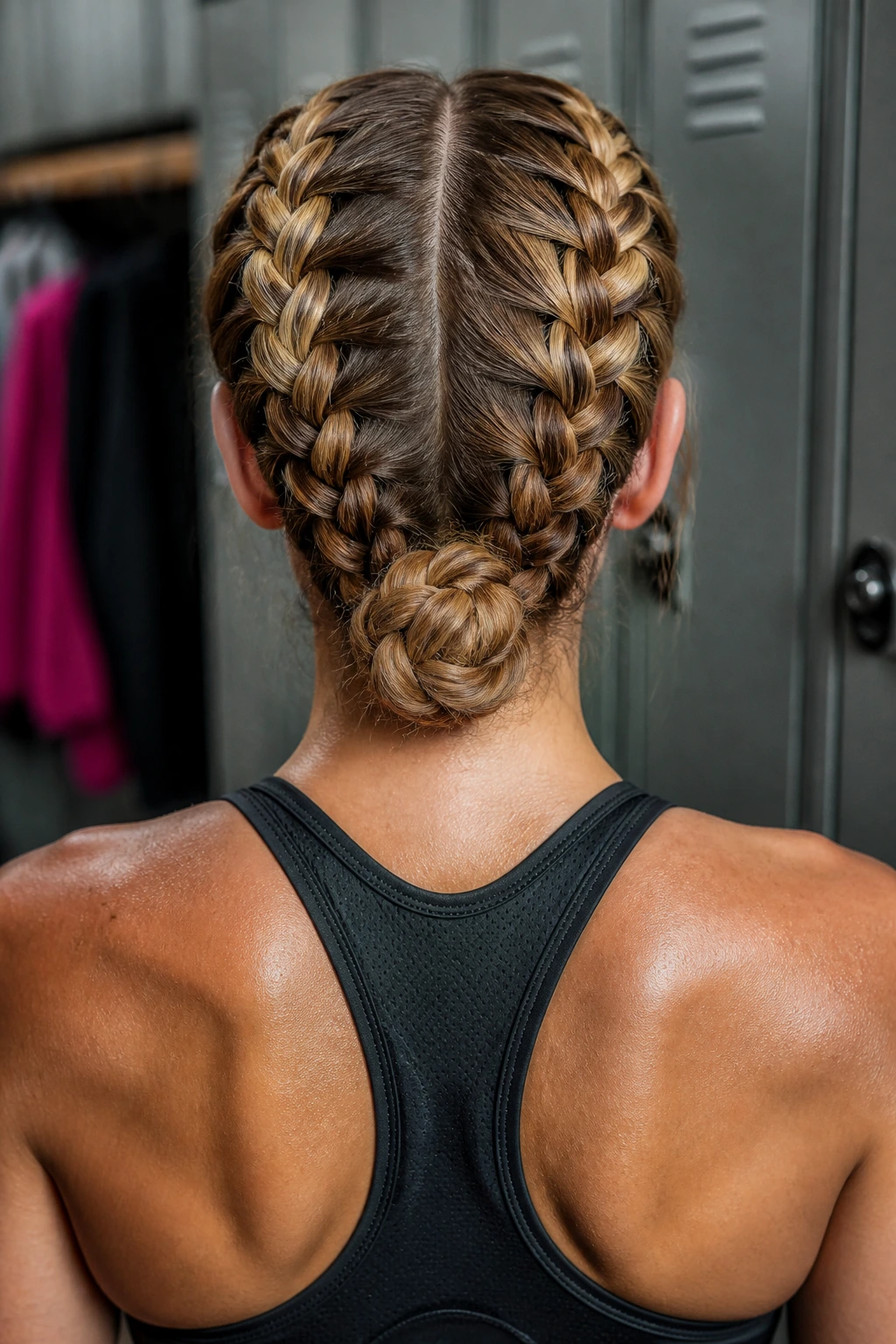 Back-of-head close-up of a real person with two chunky Dutch braids tied into a knot at the nape