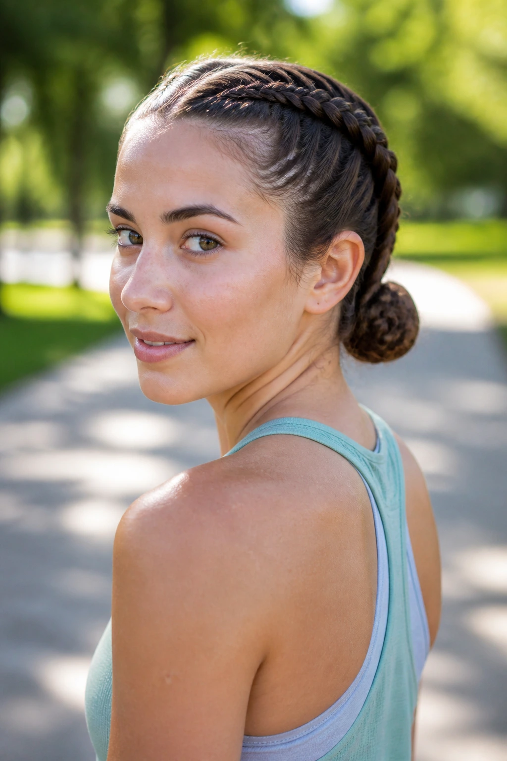 Medium close-up of a real woman with two boxer braids that form mini-buns at the nape.