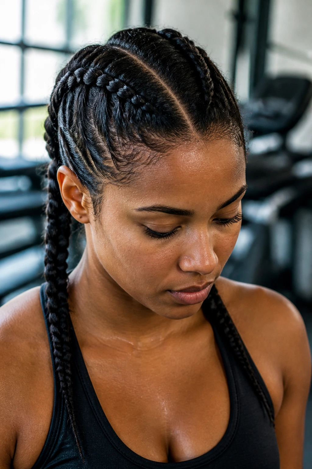 Real woman with boxer braids showing natural coils in gym