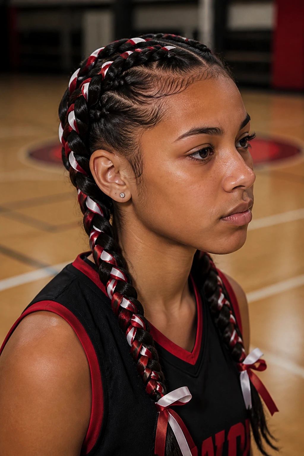 Close-up of a real student with boxer braids woven with ribbons.
