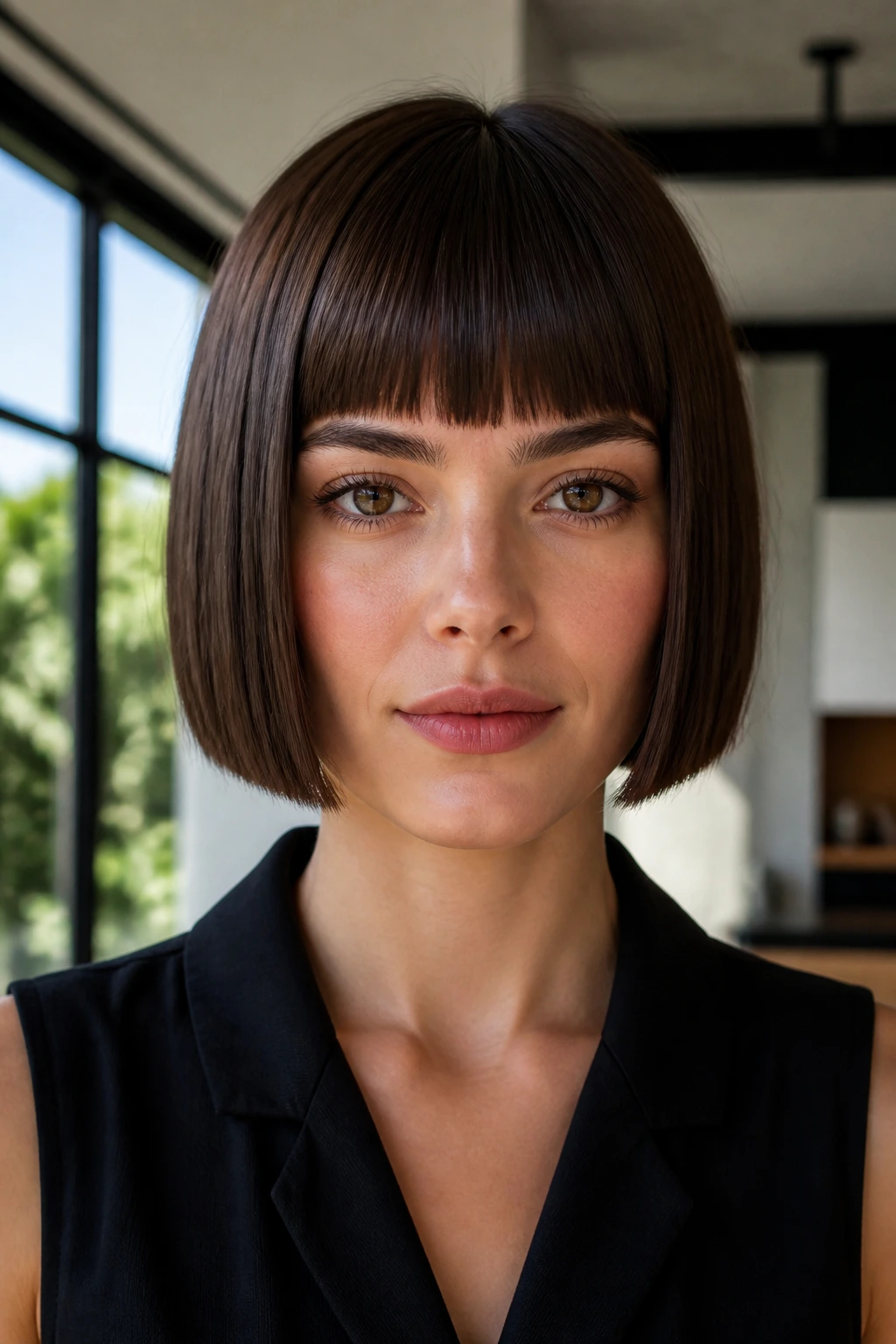 Portrait of a real woman with a boxy geometric bob and sharp bangs in a modern interior