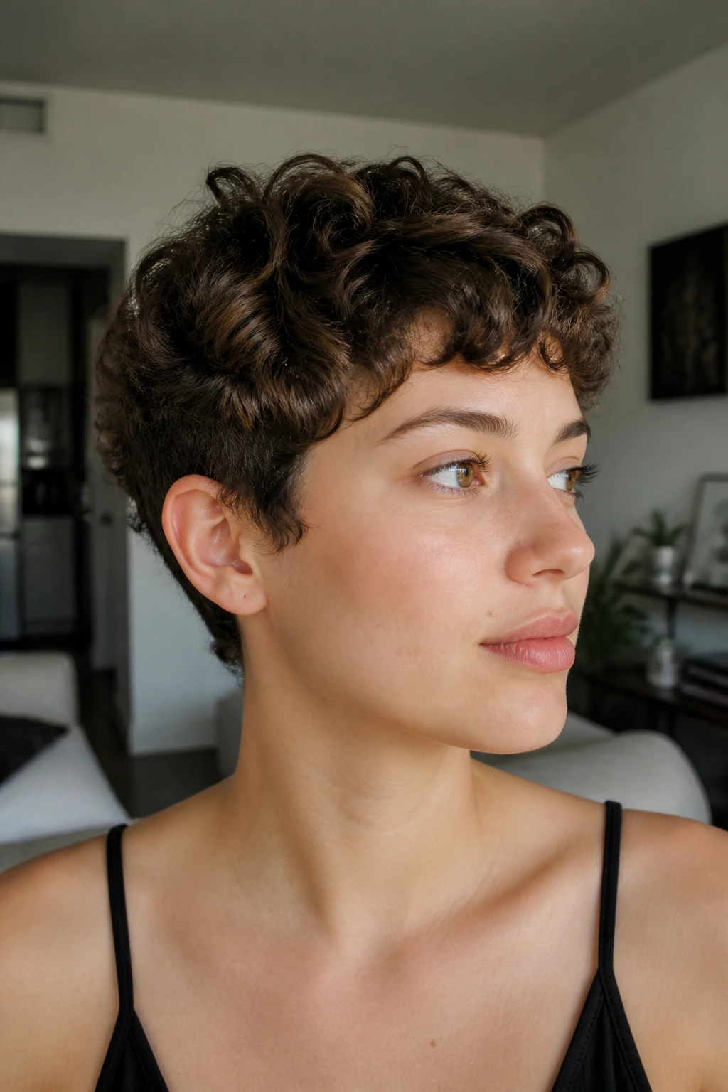 Close-up portrait of a real person with a very short curly crop, ears exposed.