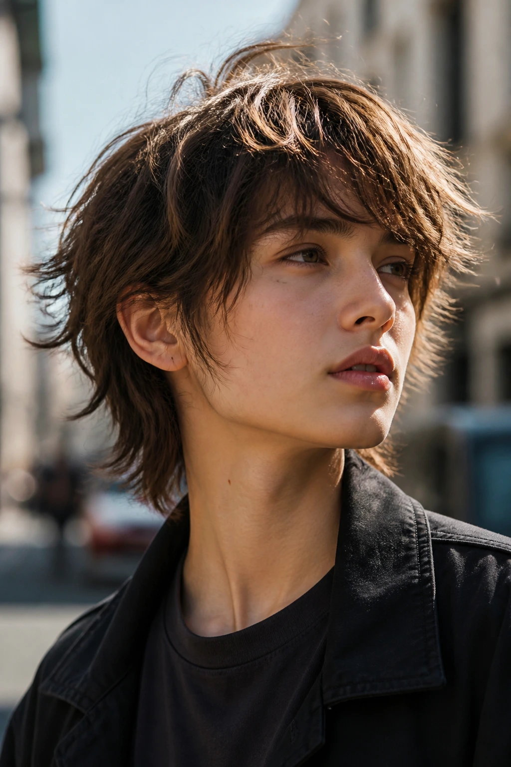 Close-up of a real person with a messy boyish shag and textured layers