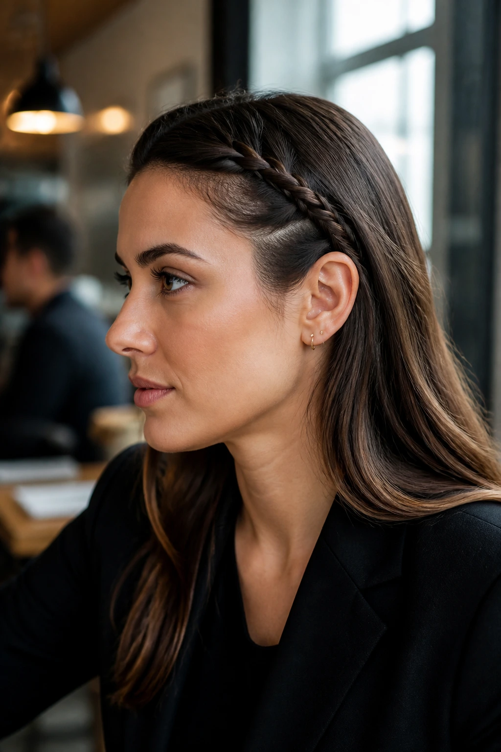 Portrait of a real woman with a single tight temple braid tucked under hair