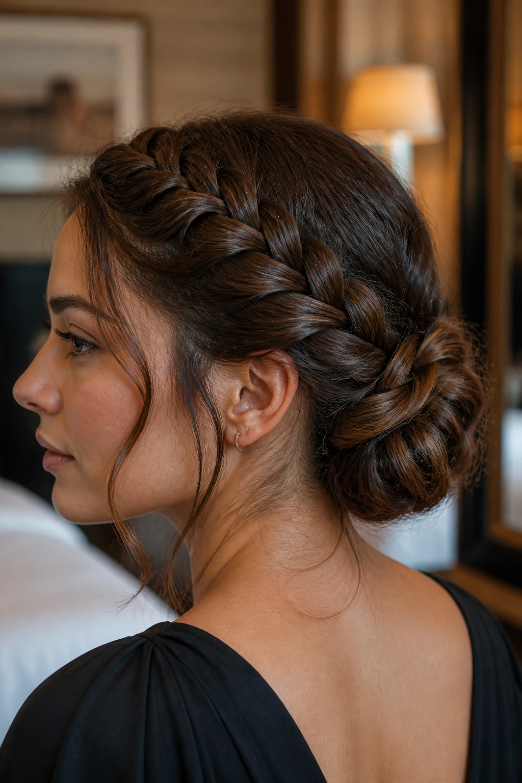 Real woman with braid leading into a low bun in warm indoor light.