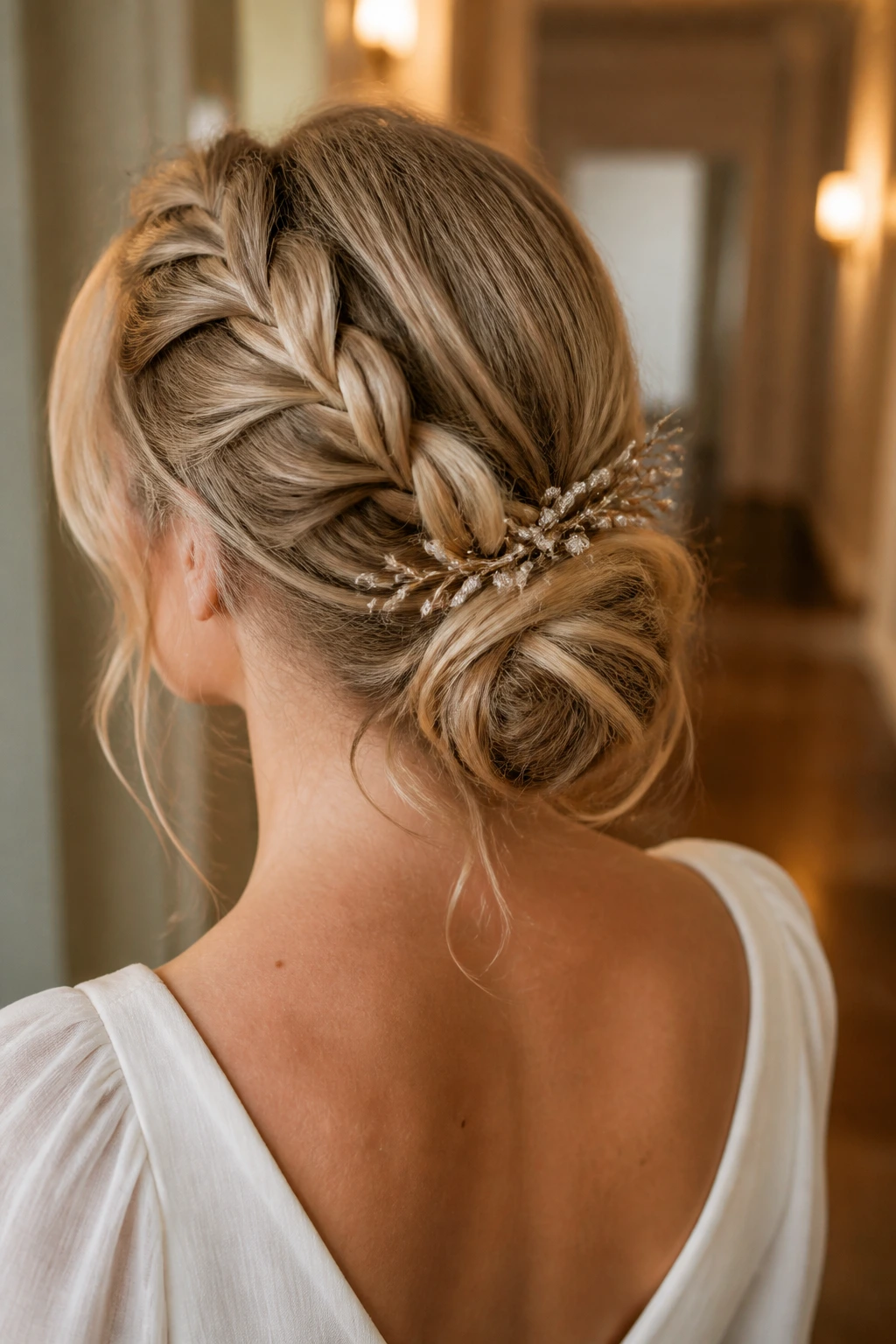 Rear view of a woman with a French braid chignon and a decorative accessory at the nape