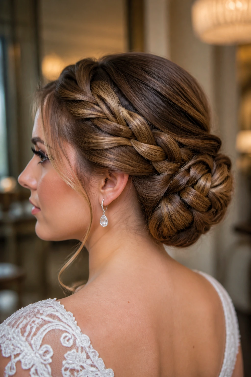 Wrapped French braid into chic chignon on a bride.