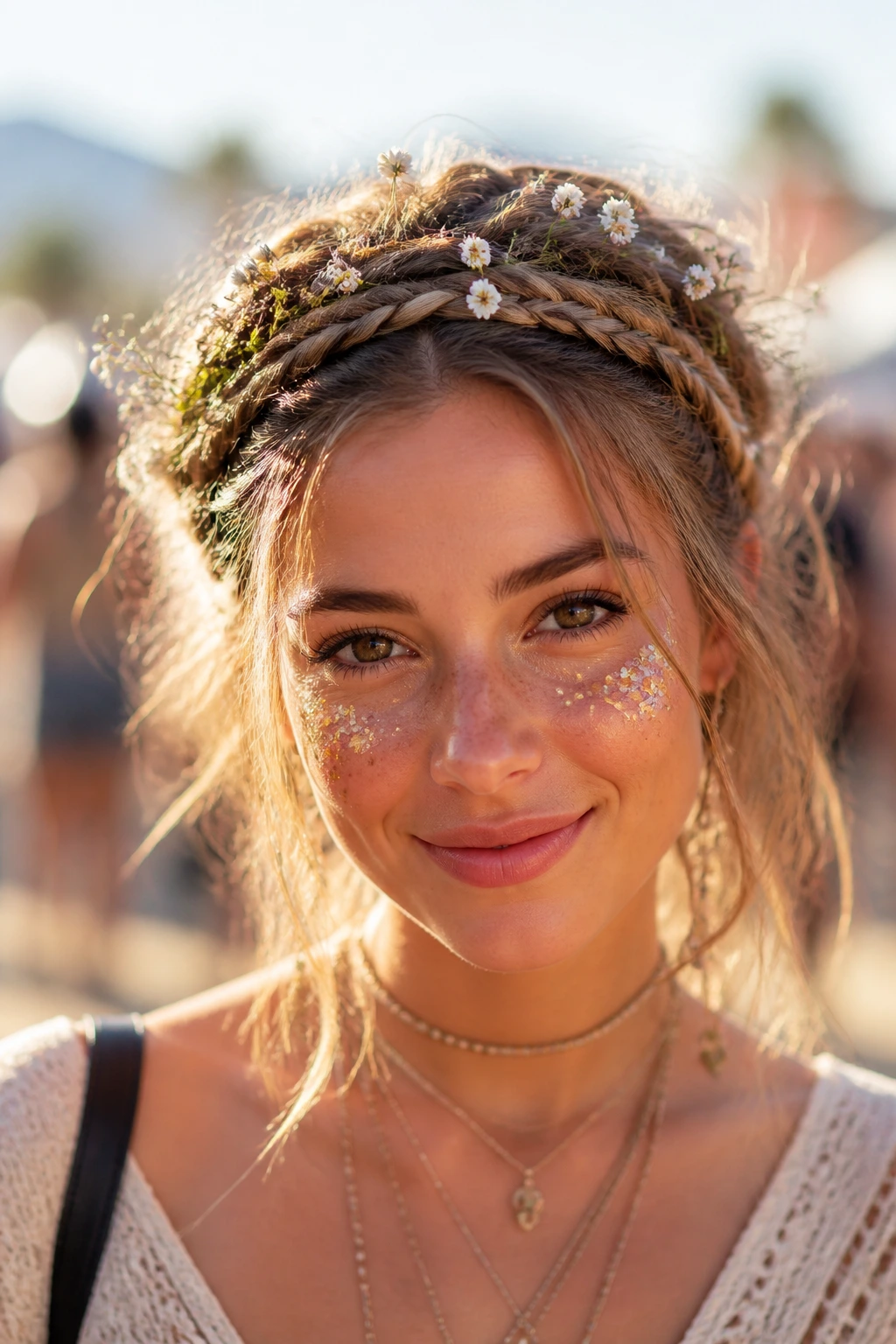 Close-up of a real woman wearing a crown of three French braids with baby's breath