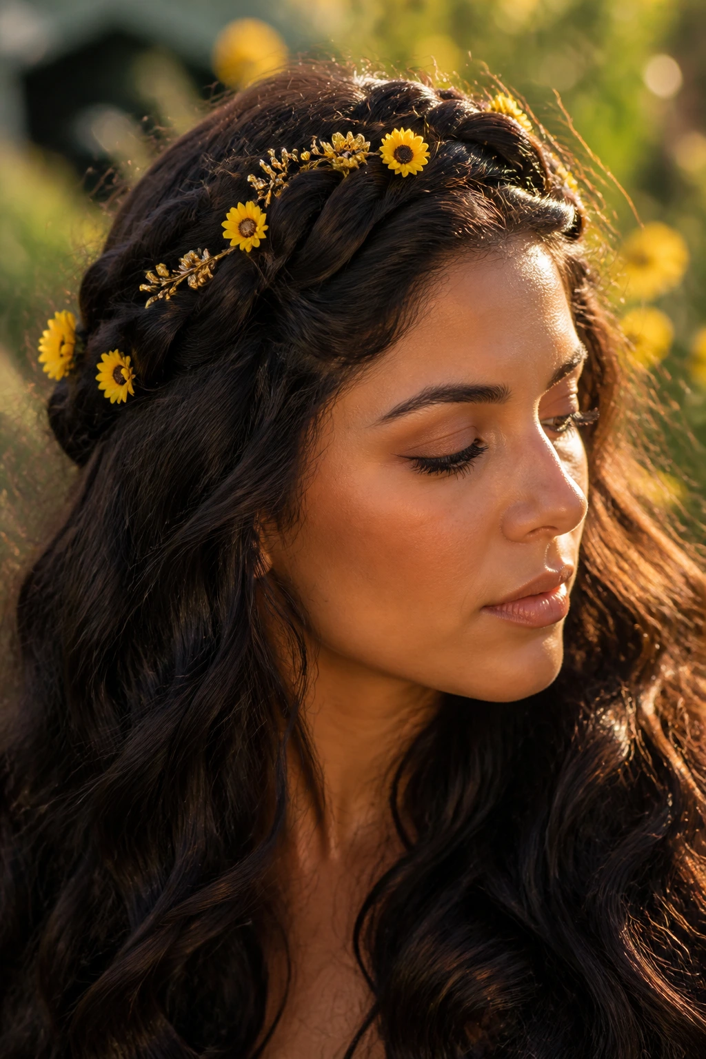 Close-up of a real woman with braided crown and floral accents in garden light