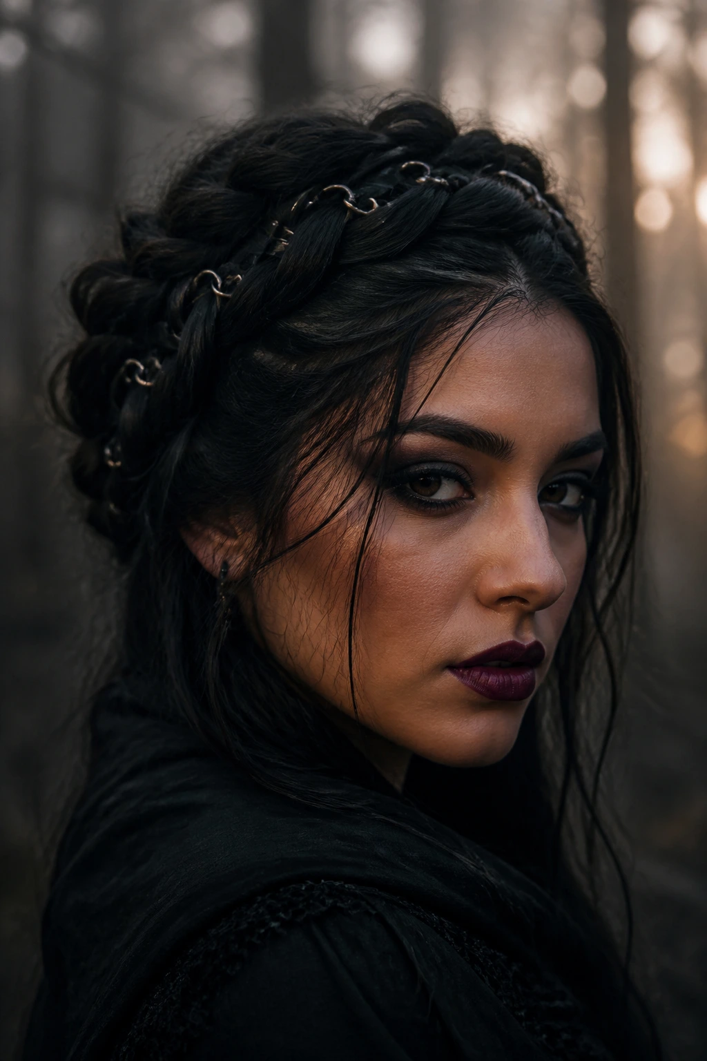 Close-up of a real person with a textured Gothic braid crown in a forest at dusk