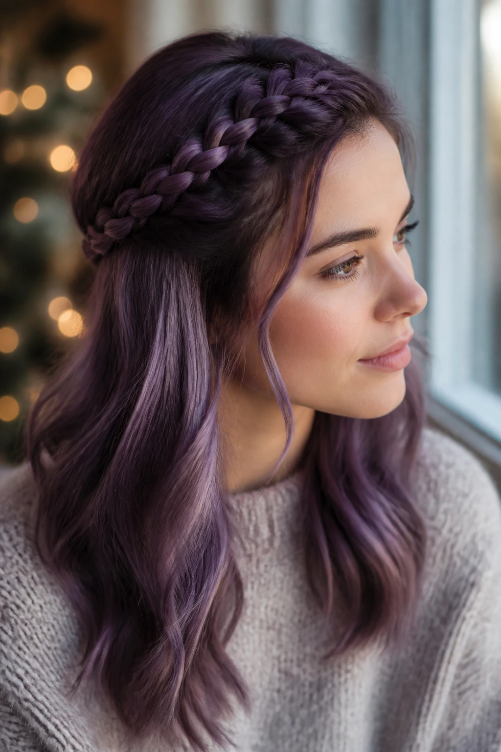 Close-up of purple hair with a braided crown on one side