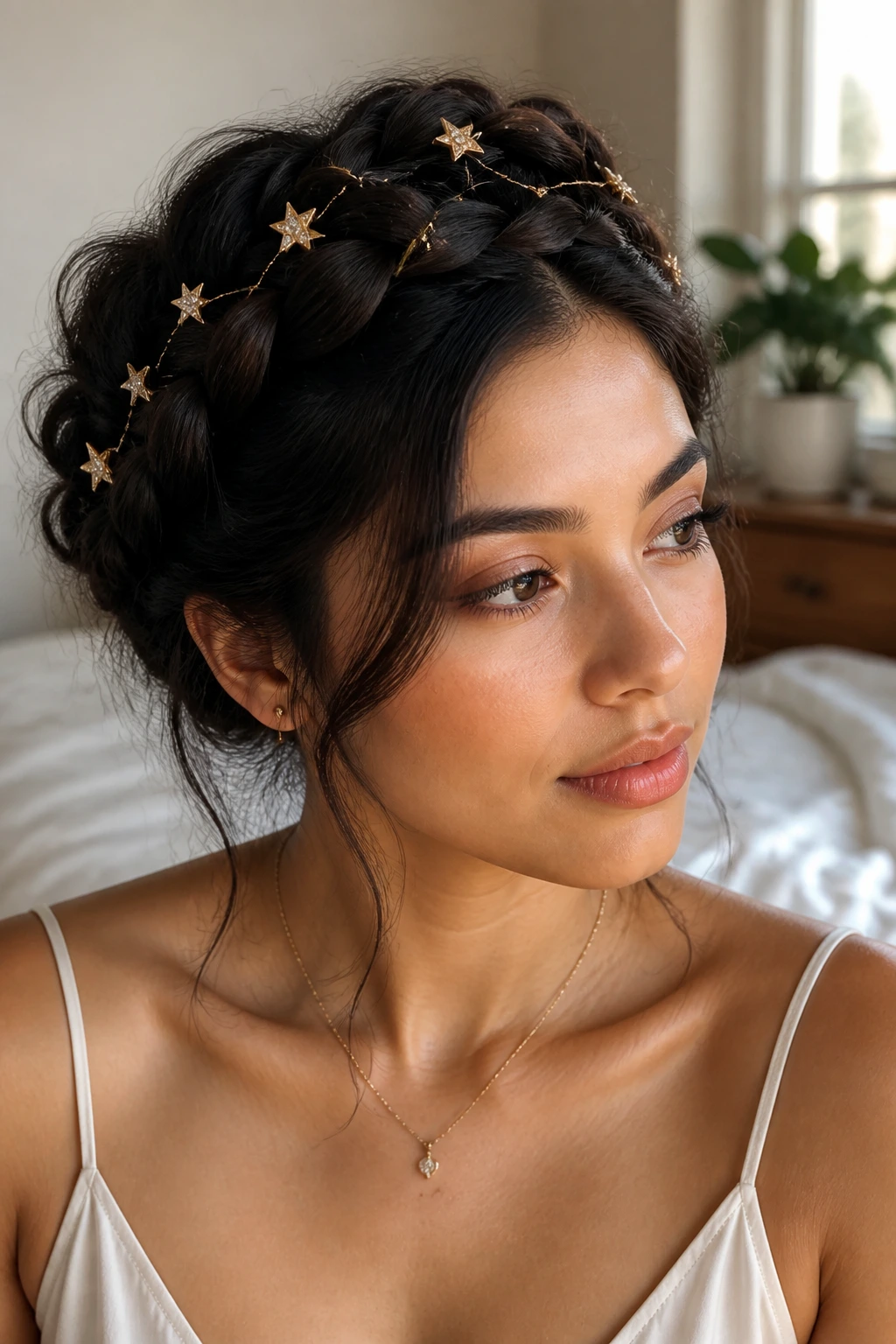 Close-up of a crown braid with metallic wire and star charms