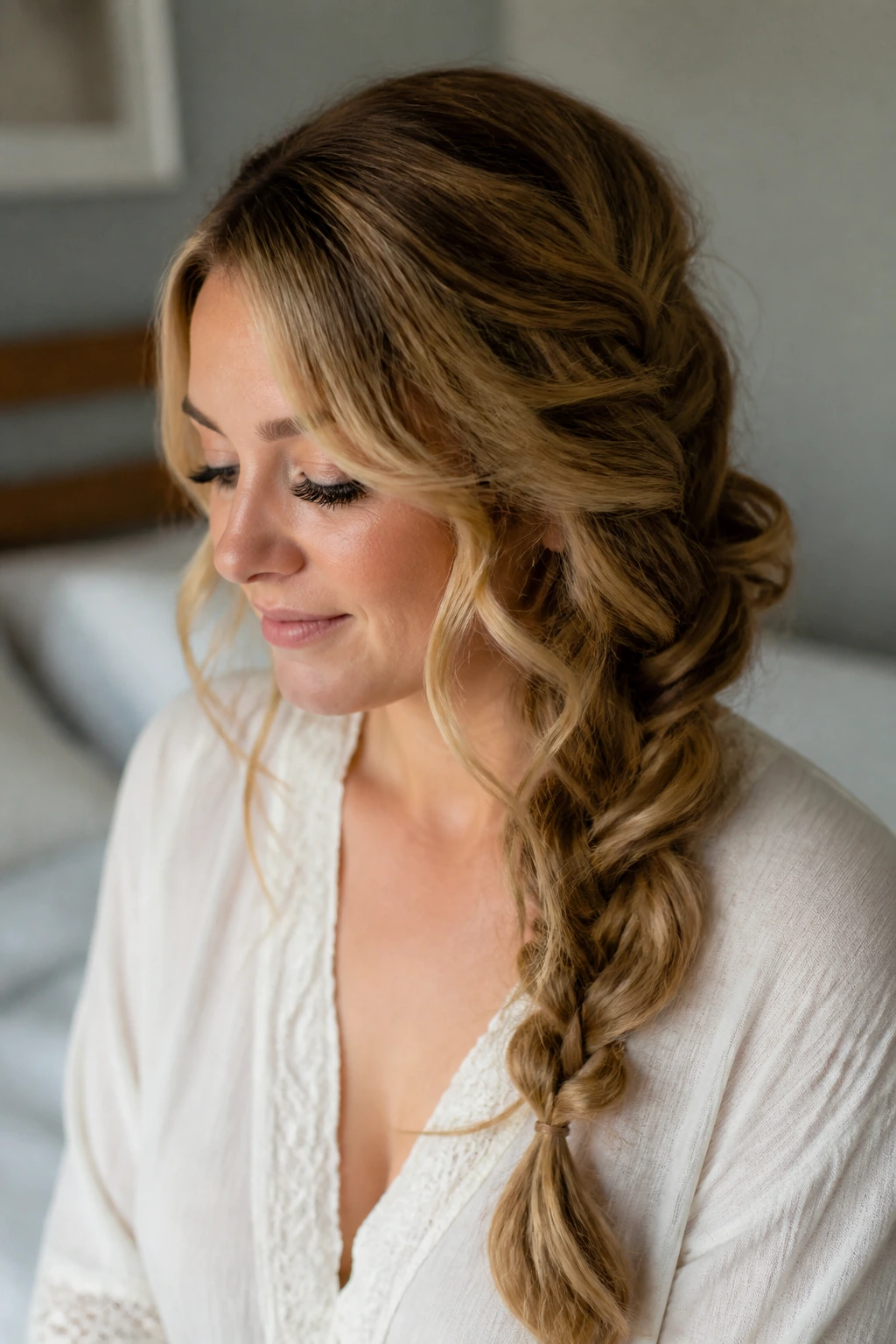 Close-up of a real woman with loose curls and side braid