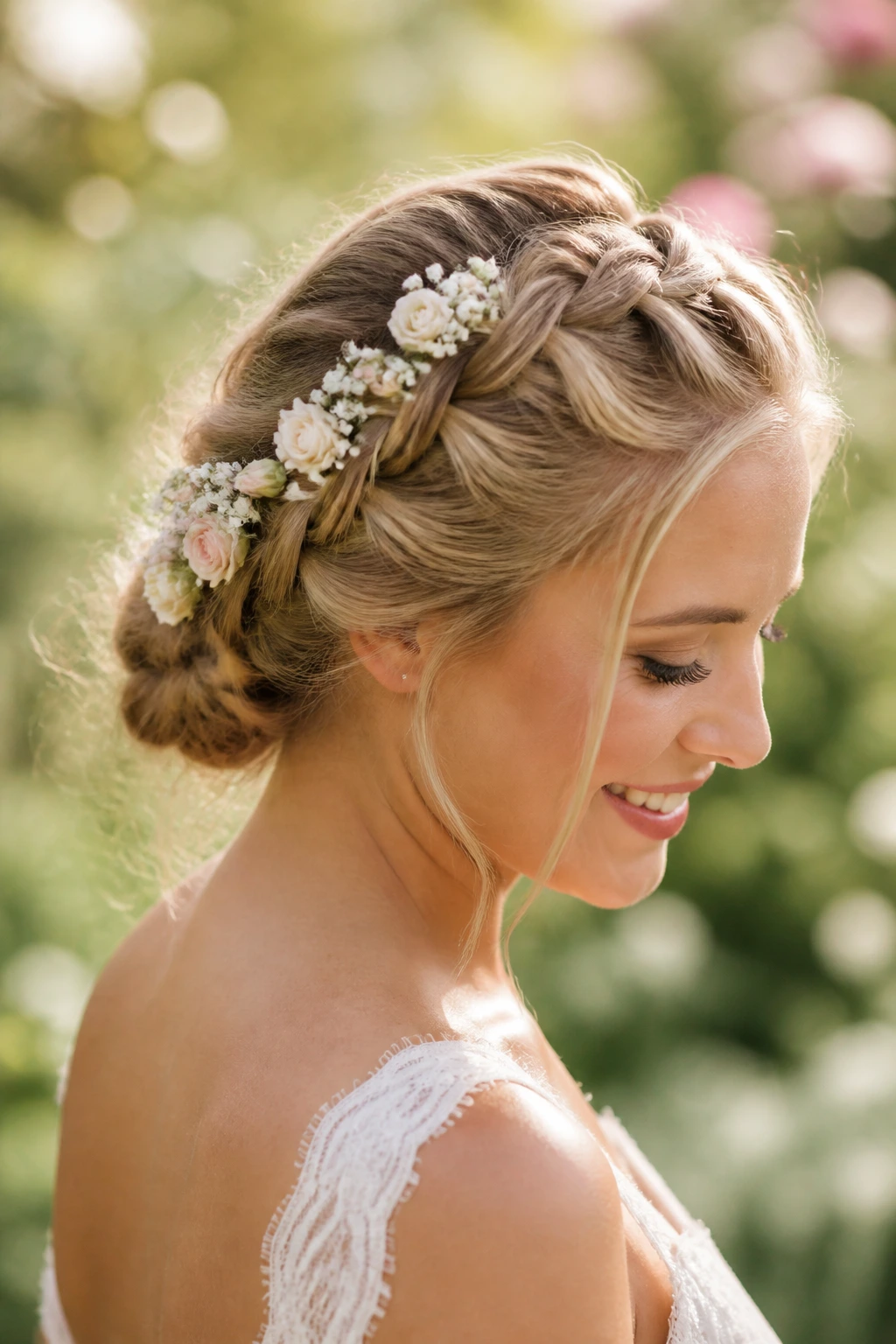 Bride's braid adorned with floral pins.