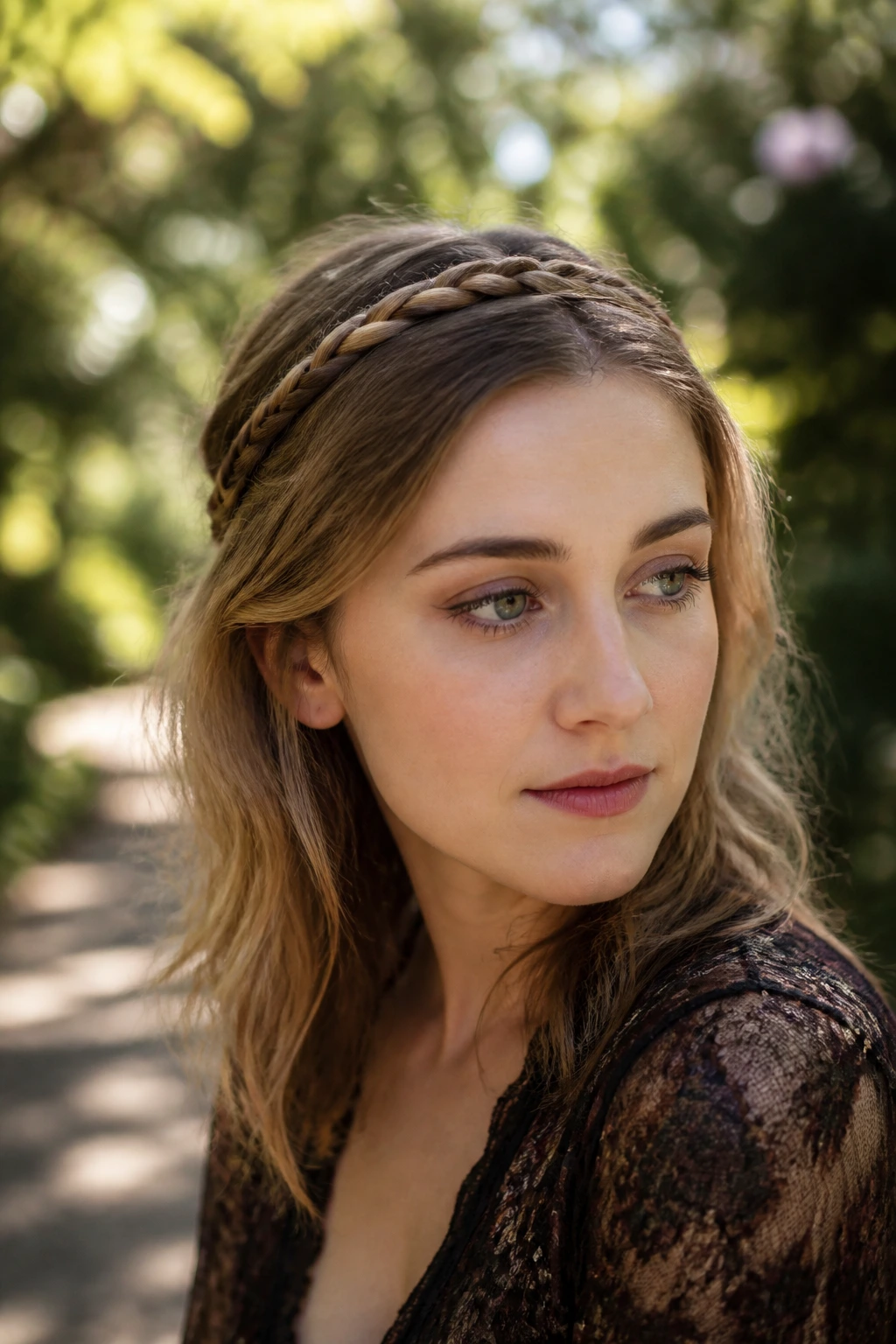 Close-up of a woman wearing a delicate braid headband in sunlight